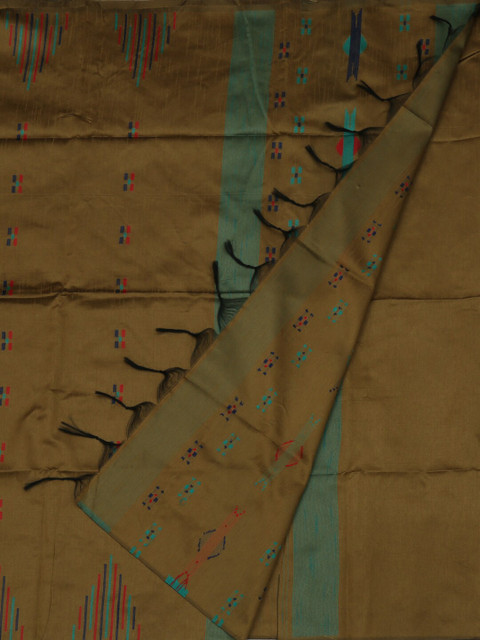 

Pothys Mustard Brown & Blue Jute Silk Printed Saree