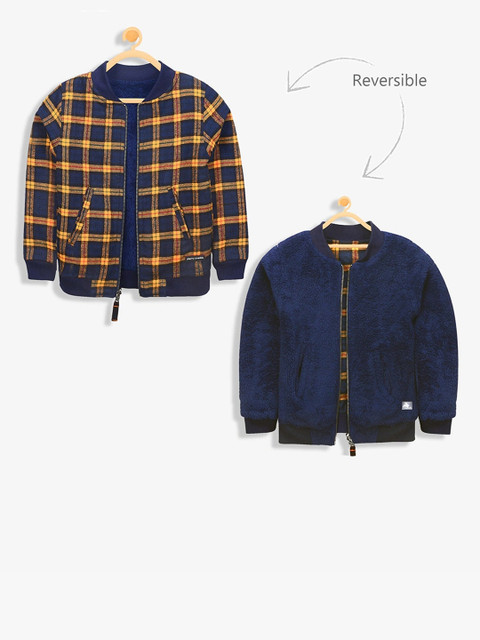

Cherry Crumble Unisex Kids Yellow & Blue Checked Reversible Bomber Jacket