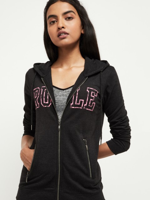 

max Women Charcoal Printed Hooded Sweatshirt