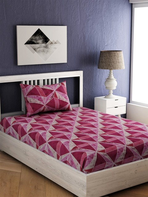 EverHOME Pink & Off-White Geometric 144 TC Cotton 1 Single Bedsheet with 1 Pillow Covers