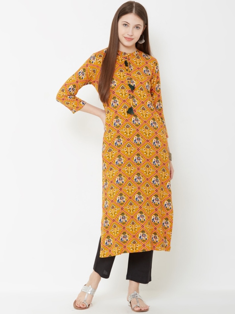 

FASHOR Women Mustard Yellow Printed Straight Kurta