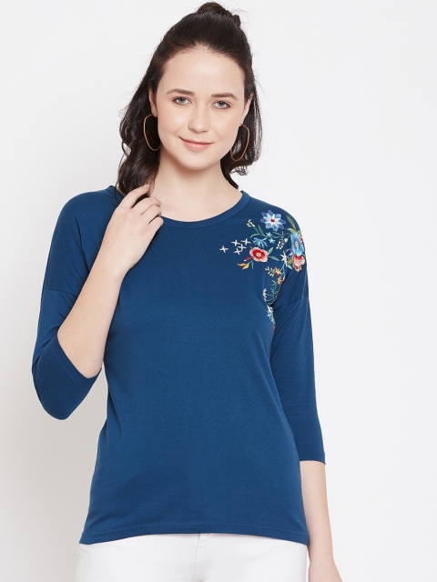 

Hypernation Women Blue Solid Round Neck T-shirt