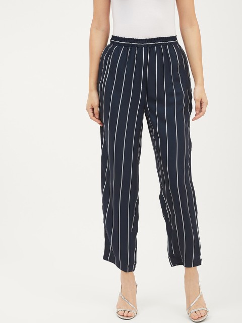 

Harpa Women Navy Blue & White Smart Regular Fit Striped Regular Trousers