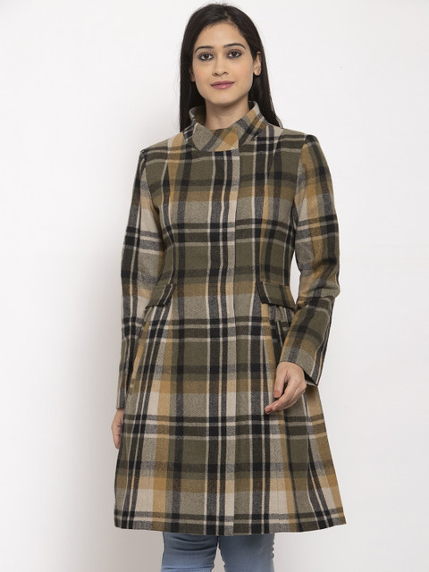 

Owncraft Woman Olive-Green & Beige Checked Overcoat