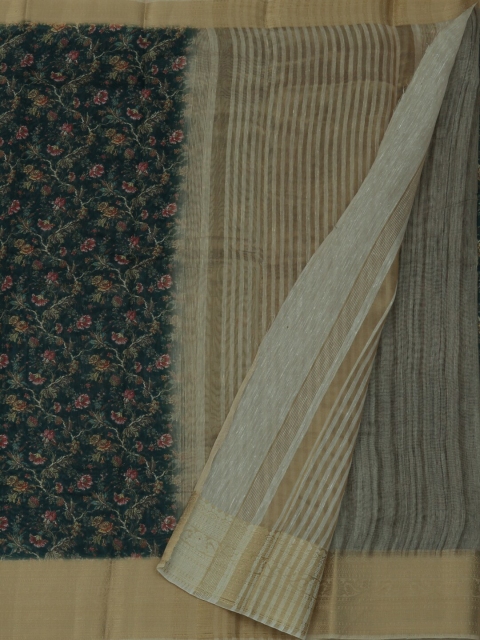 Pothys Navy Blue & Green Linen Blend Woven Design Saree