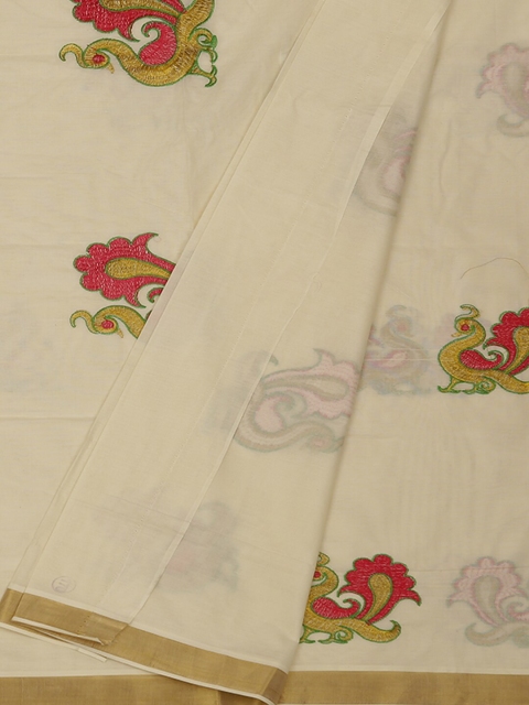 

Pothys Cream & Pink Pure Cotton Embroidered Kasavu Saree