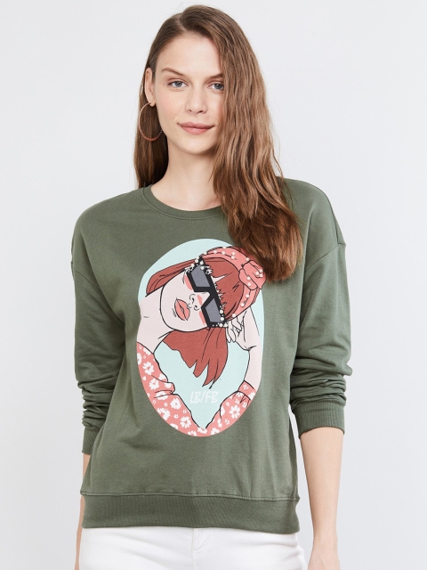 max Women Olive Green Printed Sweatshirt