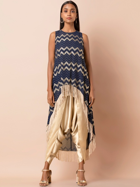 

INDYA Blue Chevron Printed High Low Fringed Tunic