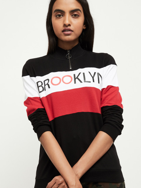 

max Women Black & White Printed Hooded Sweatshirt