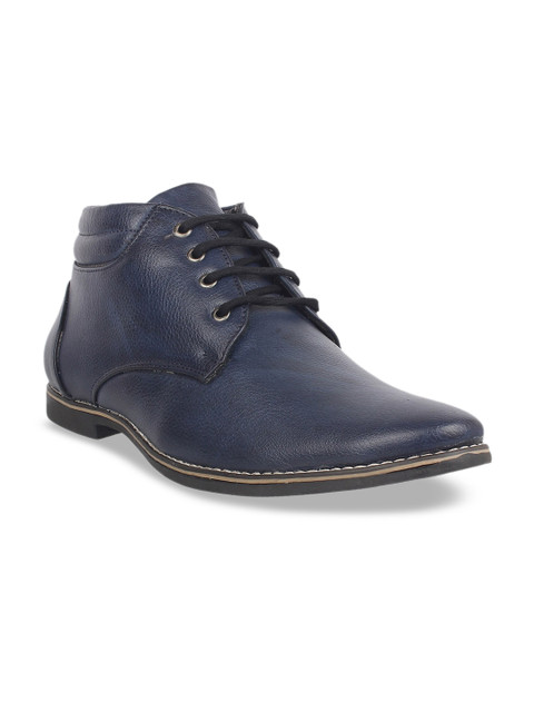 

Vardhra Men Navy Blue Solid Leather Mid-Top Flat Boots