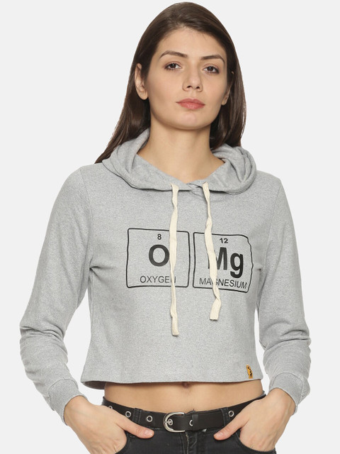 

Campus Sutra Women Grey Printed Hooded Crop Sweatshirt