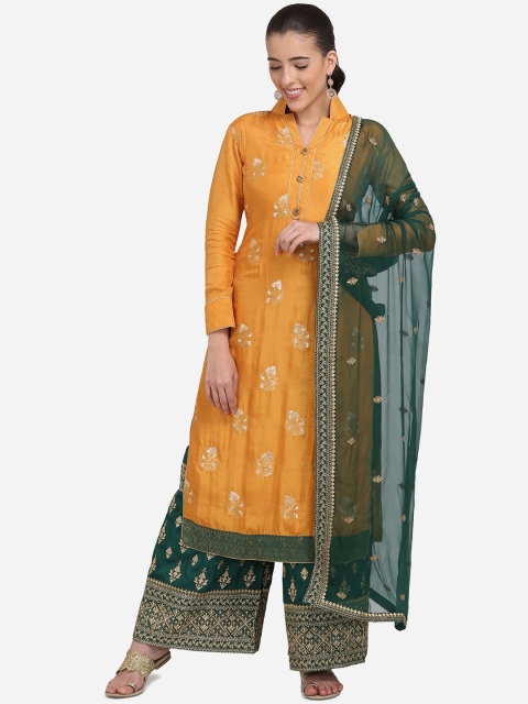

Stylee LIFESTYLE Mustard Yellow & Green Art Silk Unstitched Dress Material