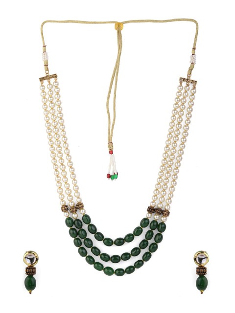 

Fabstreet Gold-Plated Green & White Pearls Beaded Layered Jewellery Set