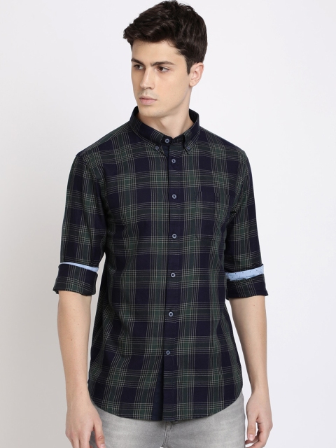 

TED HARBOR Men Green & Navy Blue Slim Fit Checked Casual Shirt