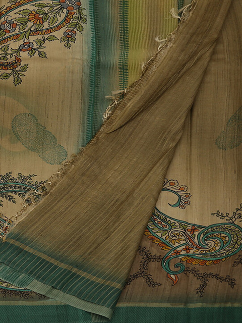 

Pothys Beige & Green Jute Silk Printed Saree