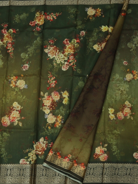 

Pothys Olive Green & Pink Jute Silk Printed Saree