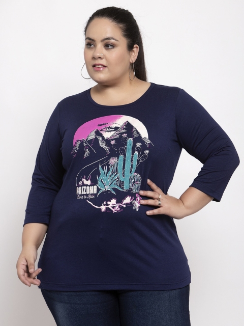 

plusS Women Navy Blue Printed Pure Cotton Top