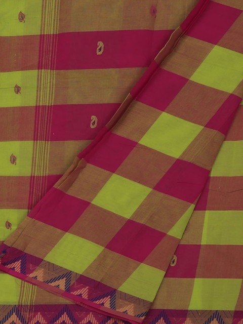 

Pothys Green & Pink Pure Cotton Checked Saree