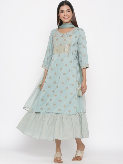 

Juniper Women Turquoise Blue Embroidered Kurta with Palazzos & Dupatta