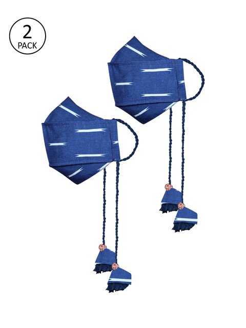 

VASTRAMAY Unisex Kids Pack Of 2 Blue Printed 3-Ply Reusable Protective Outdoor Cotton Mask With Potli Bag