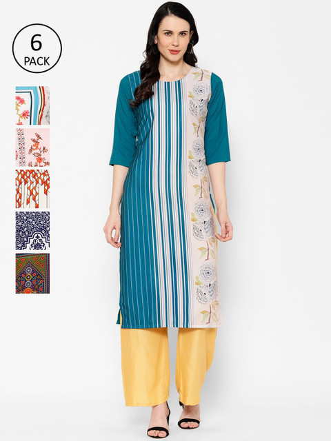 

7Threads Women Pack Of 6 Multicoloured Printed Straight Kurtas, Multi
