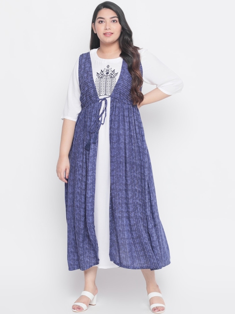 Amydus Women Blue & White Printed A-Line Dress with Shrug