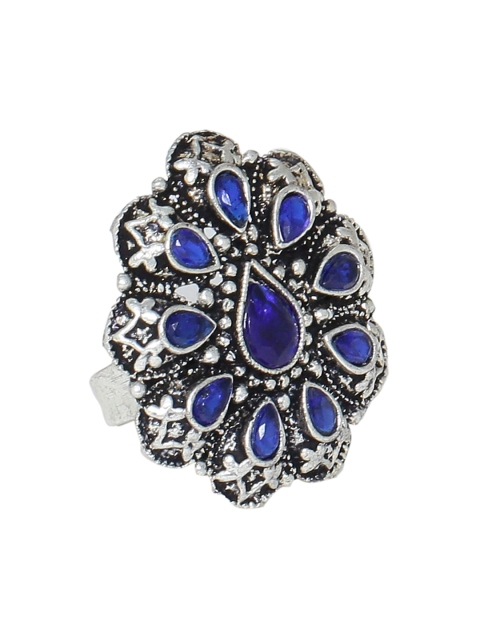 

Silvermerc Designs Oxidized Silver-Plated & Blue Stone Studded Handcrafted Finger Ring