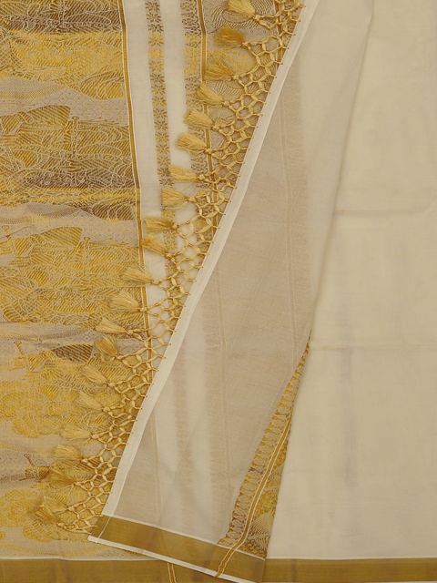 

Pothys Cream-Coloured & Mustard Yellow Pure Cotton Woven Design Saree