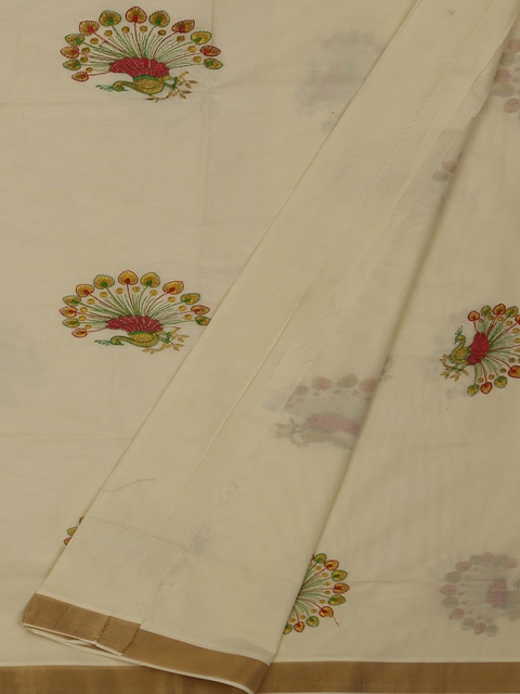

Pothys Cream-Coloured & Green Pure Cotton Embroidered Saree
