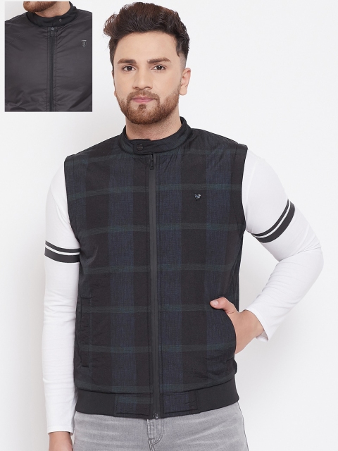 

Okane Men Blue & Grey Checked Reversible Bomber Jacket