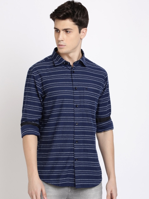 

TED HARBOR Men Navy Blue Slim Fit Striped Casual Shirt