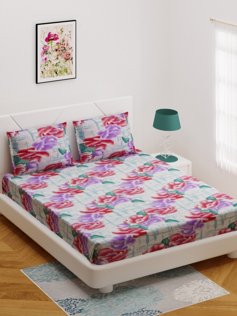 BOMBAY DYEING Pink Floral 144 TC Cotton 1 Queen Bedsheet with 2 Pillow Covers