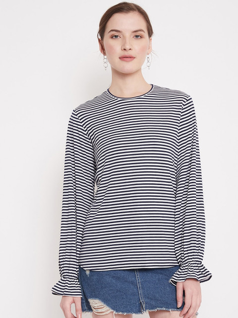 

Femella Women Navy Blue & White Striped Round Neck T-shirt