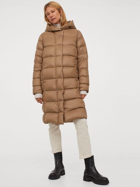 

H&M Women Beige Solid Lightweight Hooded Down Coat
