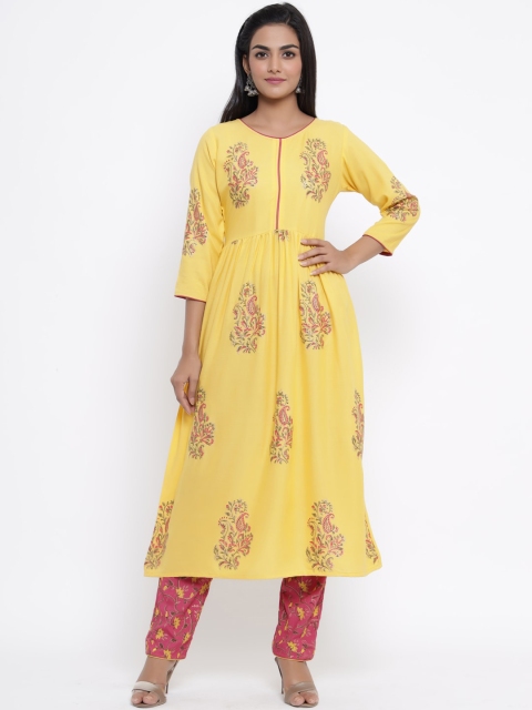 

WomenMagic Women Yellow & Pink Printed Kurta with Trousers