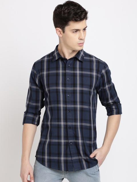 

TED HARBOR Men Navy Blue & Grey Slim Fit Checked Casual Shirt