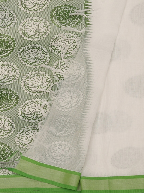 

Pothys White & Fluorescent Green Linen Blend Printed Saree