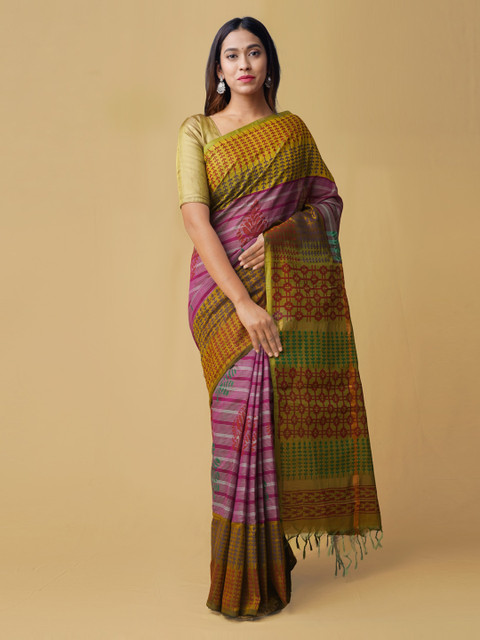 

Unnati Silks Pink & Olive Green Silk Cotton Printed Uppada Handloom Saree