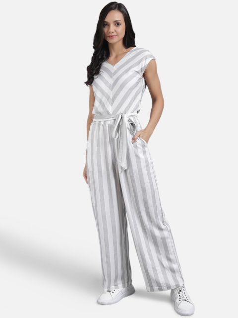 The Dry State Women White & Grey Striped Basic Jumpsuit
