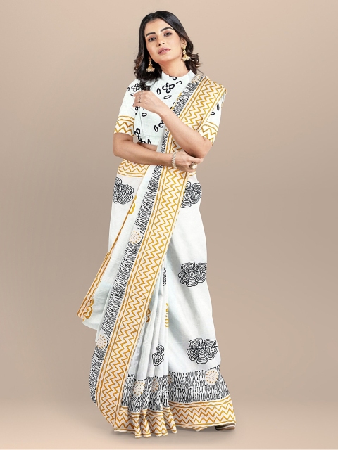 

BharatSthali White & Black Pure Cotton Printed Sustainable Saree