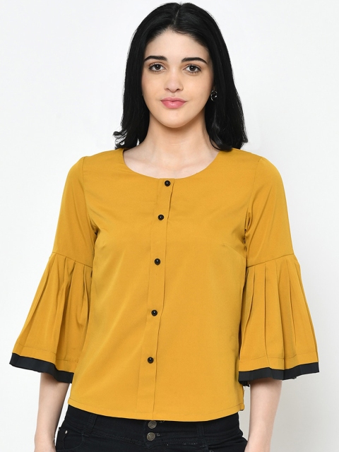 

PHWOAR Women Mustard Yellow Solid Shirt Style Top