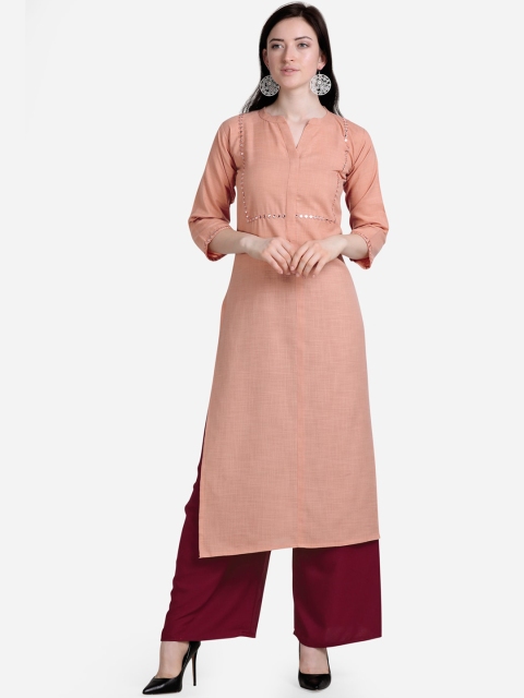 Florence Women Peach-Coloured & Maroon Solid Kurta with Palazzos