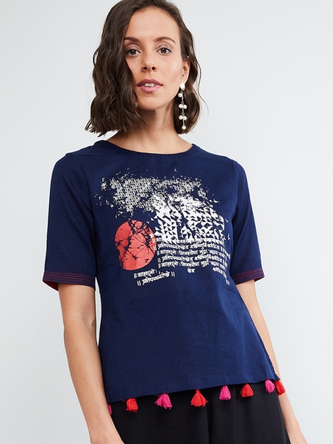 

max Women Blue Printed Tassel Trim Top