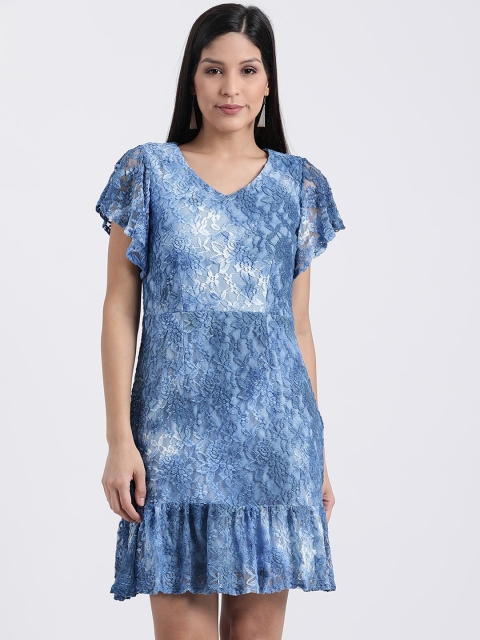 

Zink London Women Blue Self Design Drop-Waist Dress