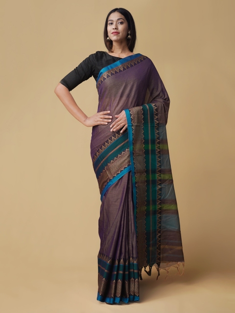 

Unnati Silks Purple & Grey Pure Cotton Solid Handloom Narayan Peth Saree