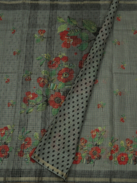 

Pothys Grey & Red Jute Silk Printed Saree