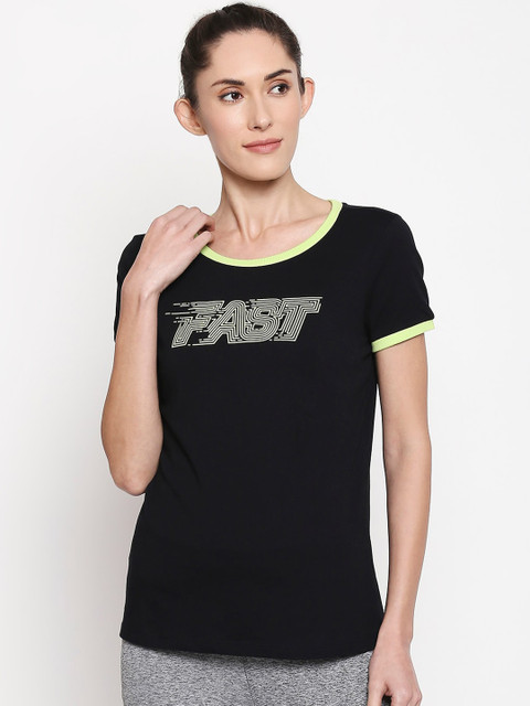 

Ajile by Pantaloons Women Black & Fluorescent Green Printed Round Neck T-shirt