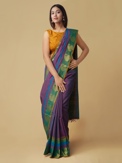 

Unnati Silks Purple & Green Pure Cotton Solid Handloom Kanjeevaram Saree