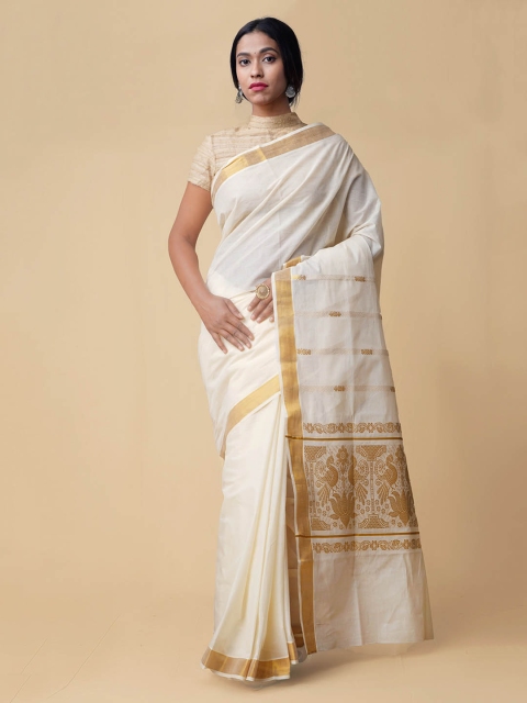 

Unnati Silks White Pure Cotton Woven Design Kasavu Saree