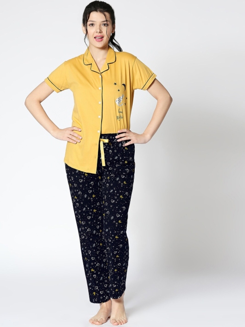

I like me Women Yellow & Navy Blue Printed Night suit